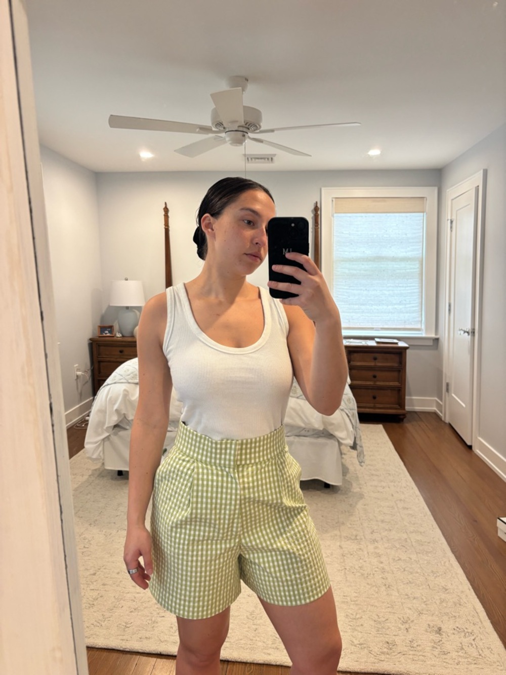 Zara Green Gingham High-Waist Shorts